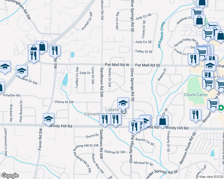 map of restaurants, bars, coffee shops, grocery stores, and more near 107 Gladstone Drive Southwest in Marietta