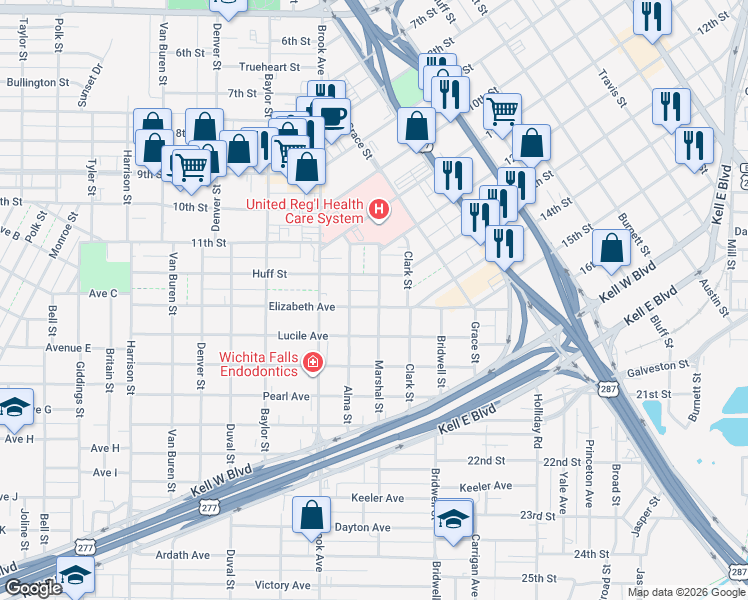 map of restaurants, bars, coffee shops, grocery stores, and more near 1642 Elizabeth Avenue in Wichita Falls