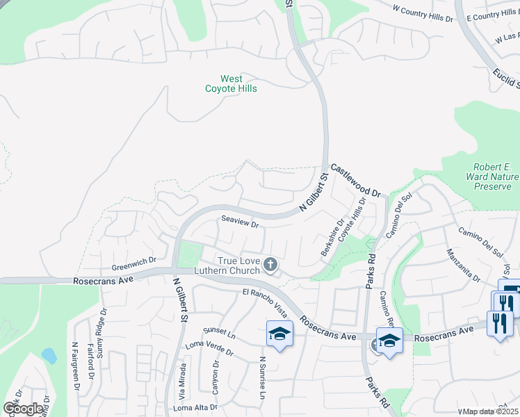 map of restaurants, bars, coffee shops, grocery stores, and more near 1930 Brooke Lane in Fullerton