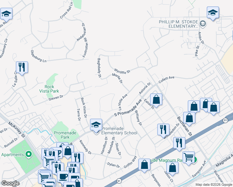 map of restaurants, bars, coffee shops, grocery stores, and more near 791 La Loma Lane in Corona
