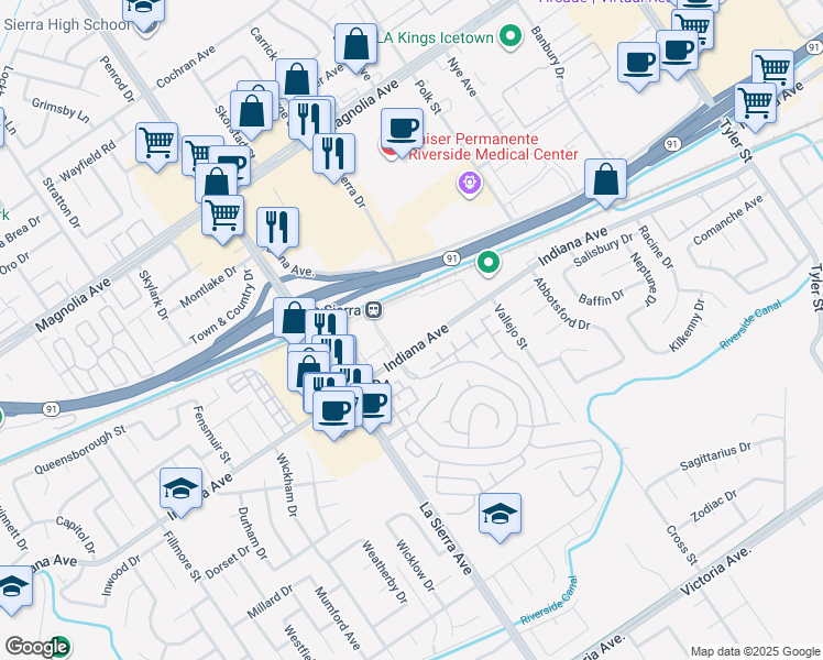 map of restaurants, bars, coffee shops, grocery stores, and more near 3411 Grande Vista Parkway in Riverside