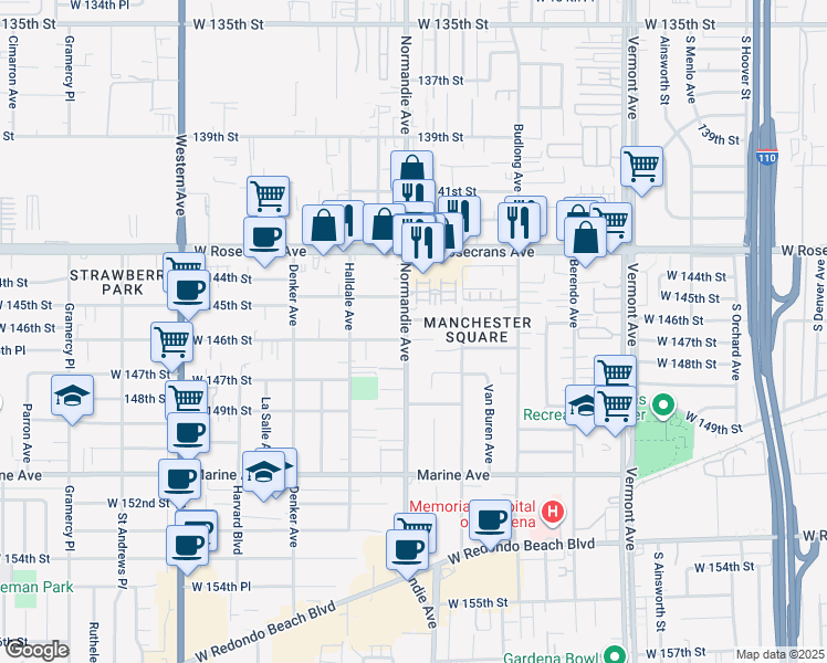 map of restaurants, bars, coffee shops, grocery stores, and more near 14526 Normandie Avenue in Gardena