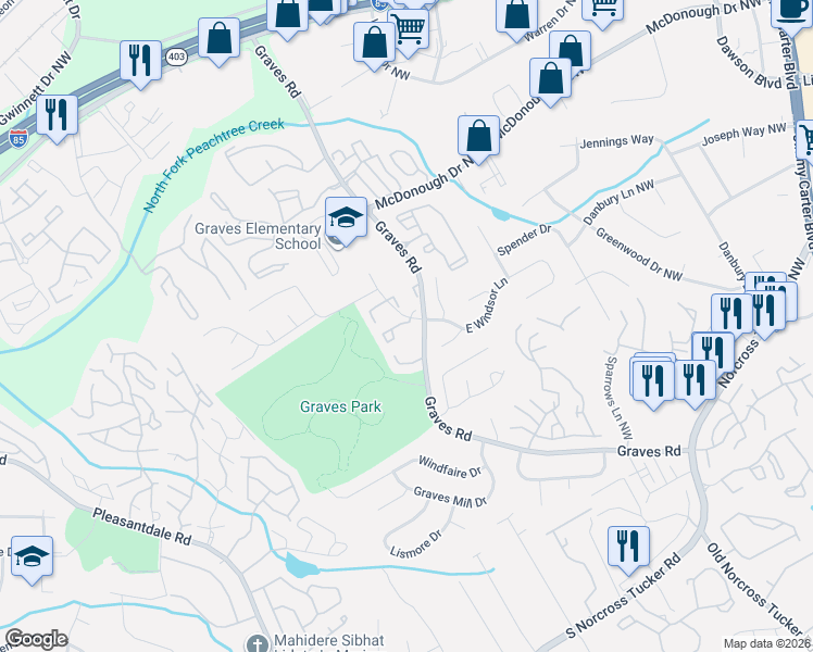 map of restaurants, bars, coffee shops, grocery stores, and more near 6679 Langtry Lane in Norcross