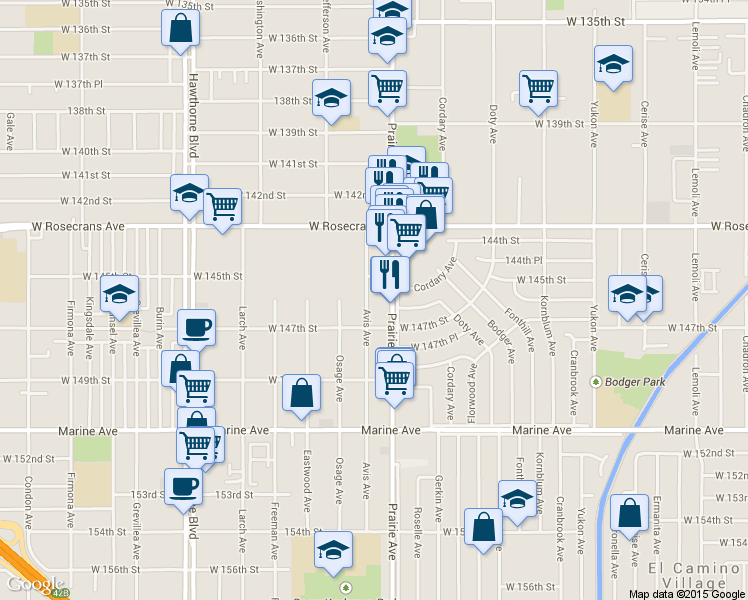 map of restaurants, bars, coffee shops, grocery stores, and more near in Lawndale