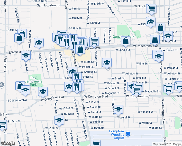 map of restaurants, bars, coffee shops, grocery stores, and more near 511 North Albertson Avenue in Compton
