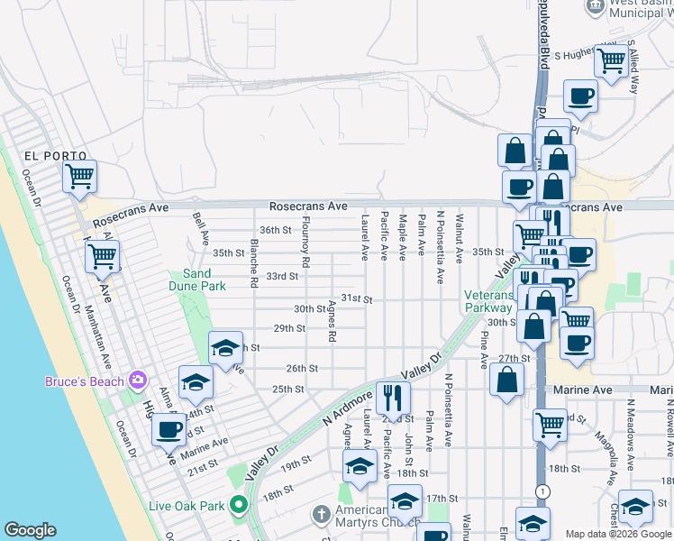 map of restaurants, bars, coffee shops, grocery stores, and more near 739 33rd Street in Manhattan Beach