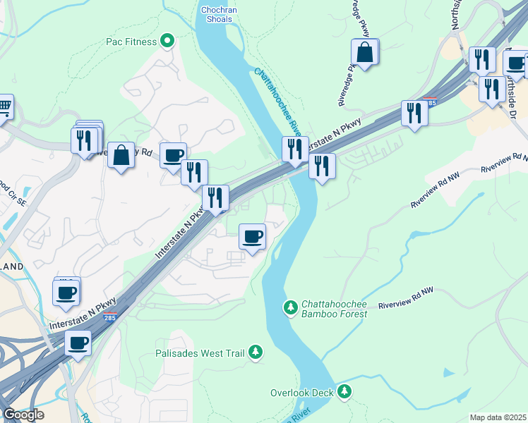 map of restaurants, bars, coffee shops, grocery stores, and more near 1127 Riverbend Club Drive Southeast in Atlanta