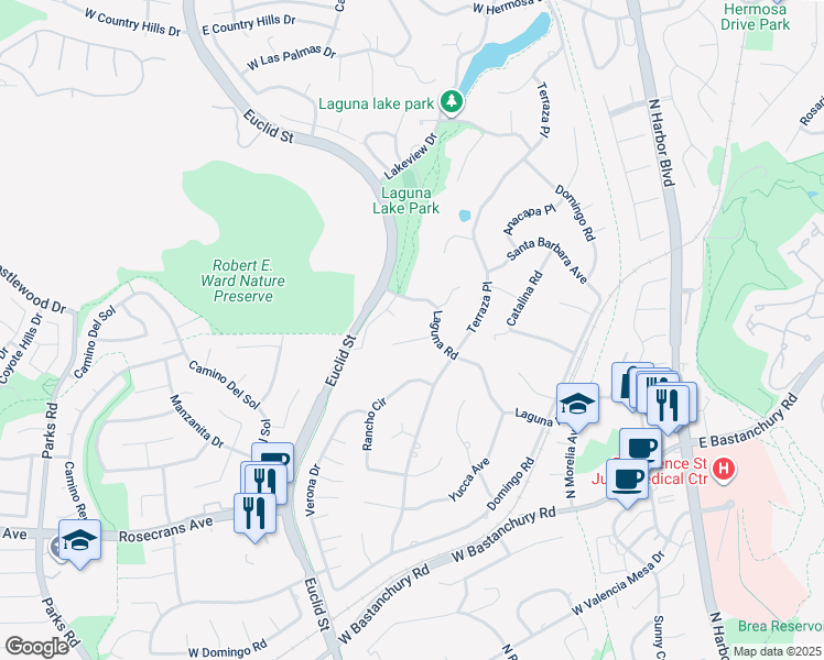 map of restaurants, bars, coffee shops, grocery stores, and more near 913 Paloma Place in Fullerton