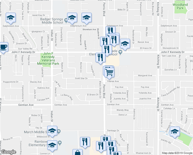 map of restaurants, bars, coffee shops, grocery stores, and more near 15200 Laverda Lane in Moreno Valley