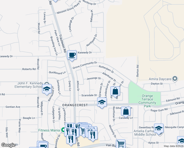 map of restaurants, bars, coffee shops, grocery stores, and more near 19403 Rotterdam Street in Riverside