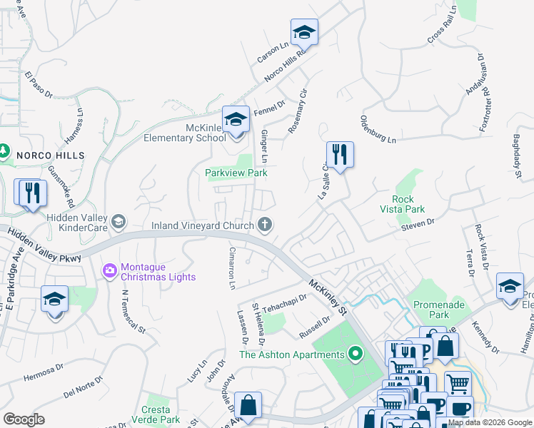 map of restaurants, bars, coffee shops, grocery stores, and more near 1049 Explanada Street in Corona