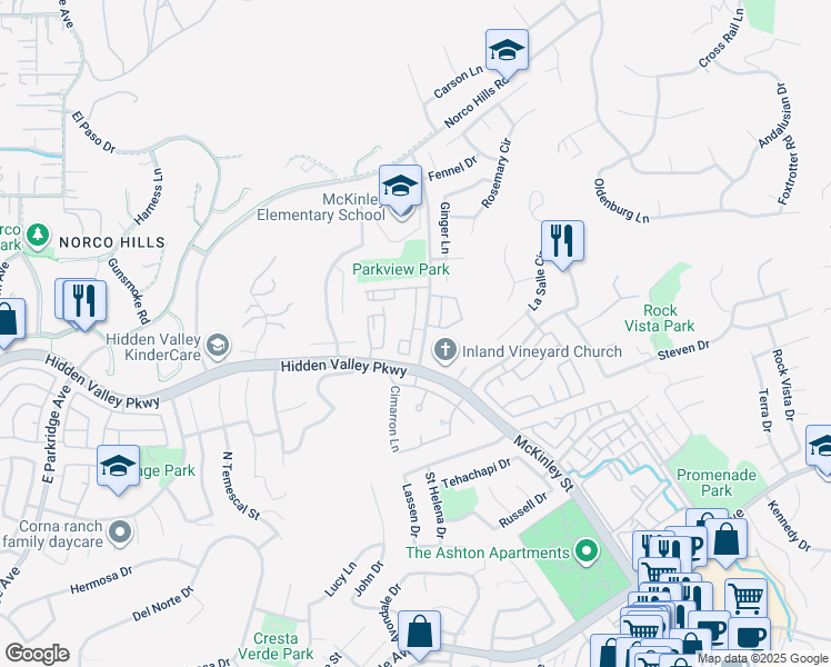 map of restaurants, bars, coffee shops, grocery stores, and more near 1020 Vista Del Cerro Drive in Corona