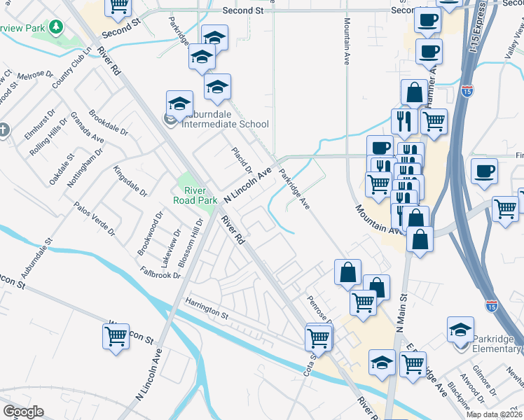 map of restaurants, bars, coffee shops, grocery stores, and more near 1085 Normandy Terrace in Corona