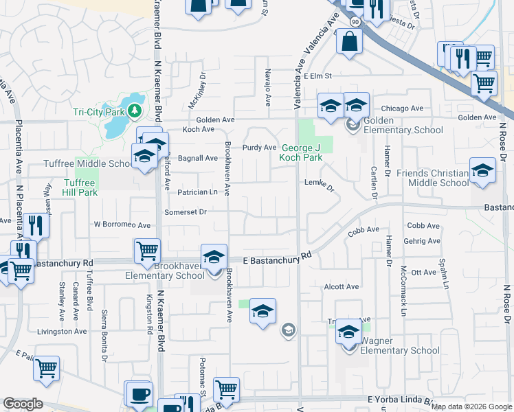 map of restaurants, bars, coffee shops, grocery stores, and more near 2032 Gillilan Street in Placentia