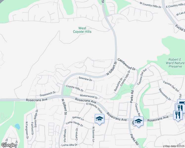 map of restaurants, bars, coffee shops, grocery stores, and more near 1842 Chantilly Lane in Fullerton