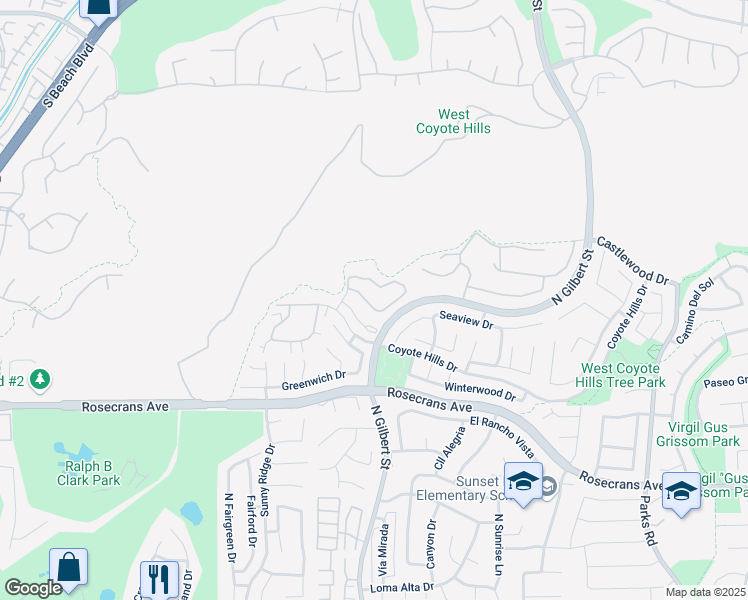 map of restaurants, bars, coffee shops, grocery stores, and more near 2445 Applewood Circle West in Fullerton
