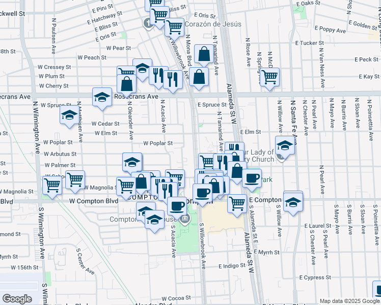 map of restaurants, bars, coffee shops, grocery stores, and more near 201 West Poplar Street in Compton