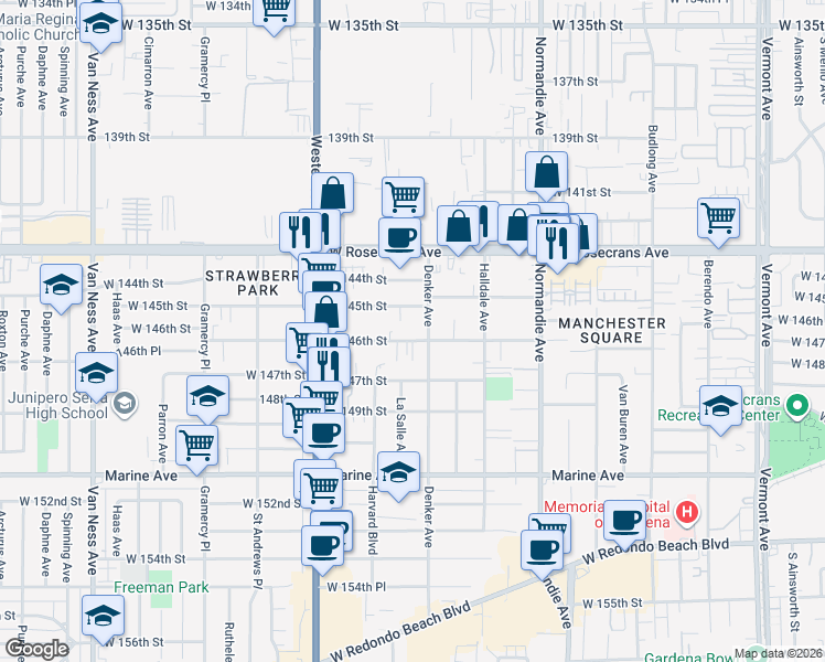 map of restaurants, bars, coffee shops, grocery stores, and more near 14503 Denker Avenue in Gardena
