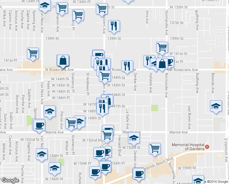 map of restaurants, bars, coffee shops, grocery stores, and more near 1738 West 145th Street in Gardena