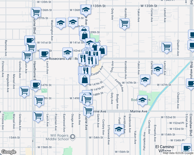 map of restaurants, bars, coffee shops, grocery stores, and more near 14509 Cordary Avenue in Hawthorne