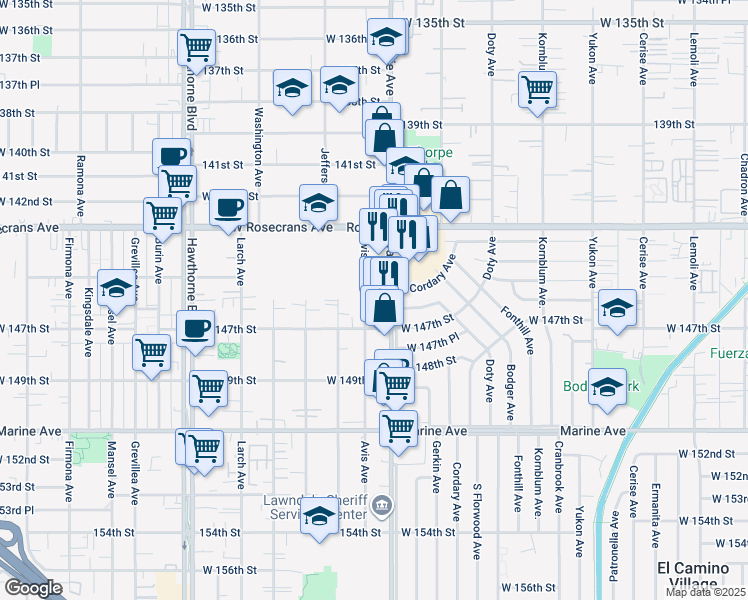 map of restaurants, bars, coffee shops, grocery stores, and more near 14505 145th Street in Lawndale