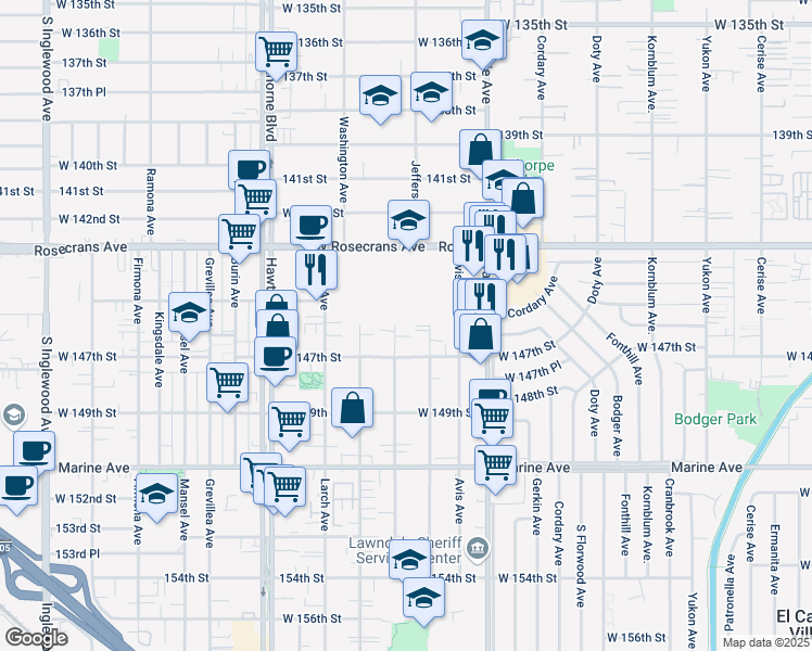 map of restaurants, bars, coffee shops, grocery stores, and more near 14523 Osage Avenue in Lawndale