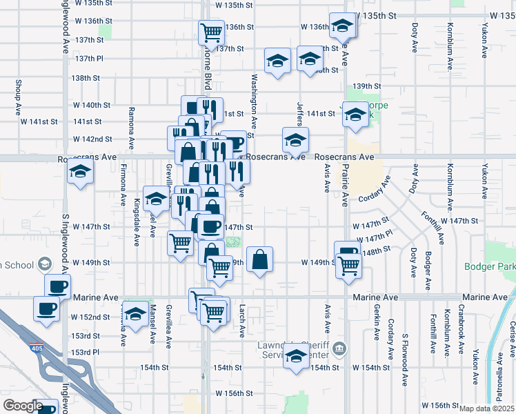 map of restaurants, bars, coffee shops, grocery stores, and more near 14500 Larch Avenue in Lawndale