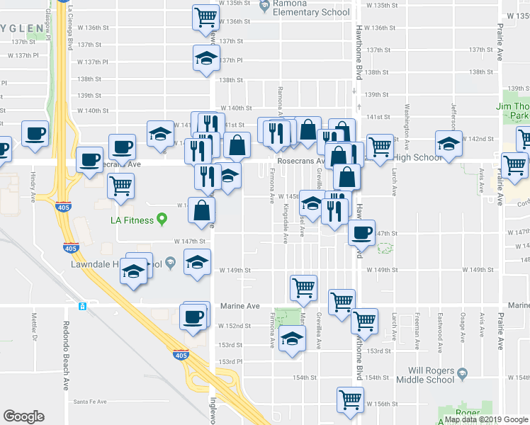 map of restaurants, bars, coffee shops, grocery stores, and more near 14504 Firmona Avenue in Lawndale