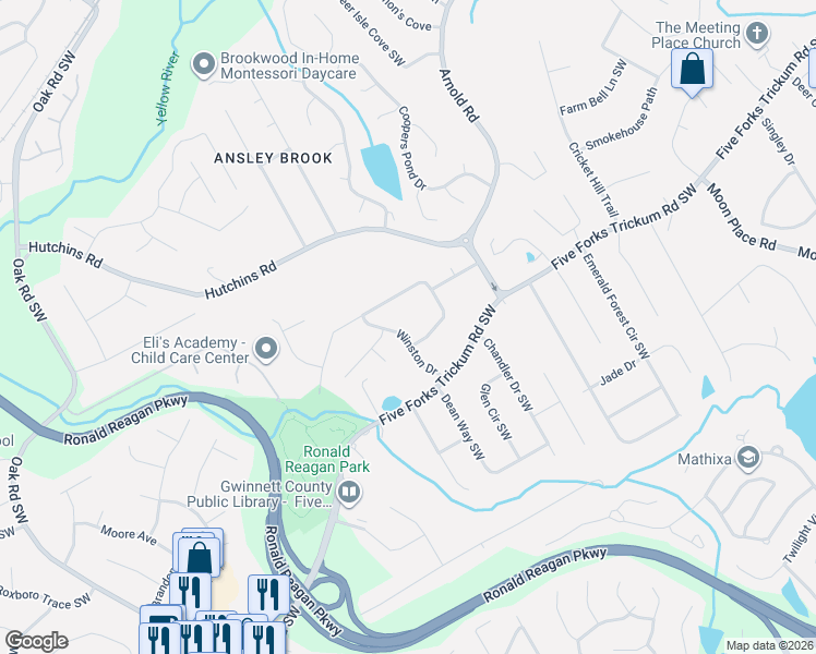 map of restaurants, bars, coffee shops, grocery stores, and more near 2610 Winthrope Way in Lawrenceville