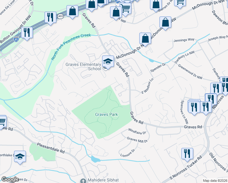 map of restaurants, bars, coffee shops, grocery stores, and more near 6749 Trafalger Square in Norcross
