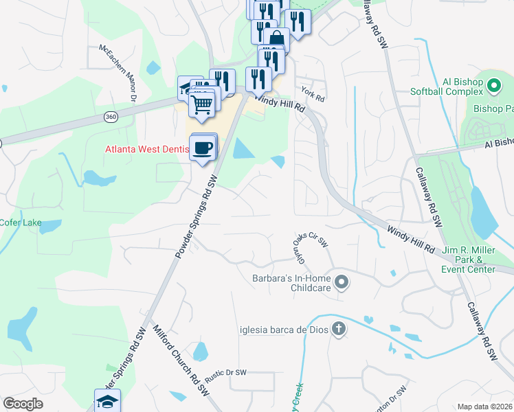 map of restaurants, bars, coffee shops, grocery stores, and more near 2127 Samantha Way South West in Marietta