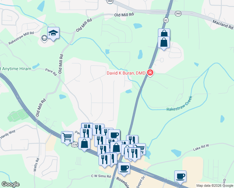 map of restaurants, bars, coffee shops, grocery stores, and more near 123 Russell Drive in Hiram