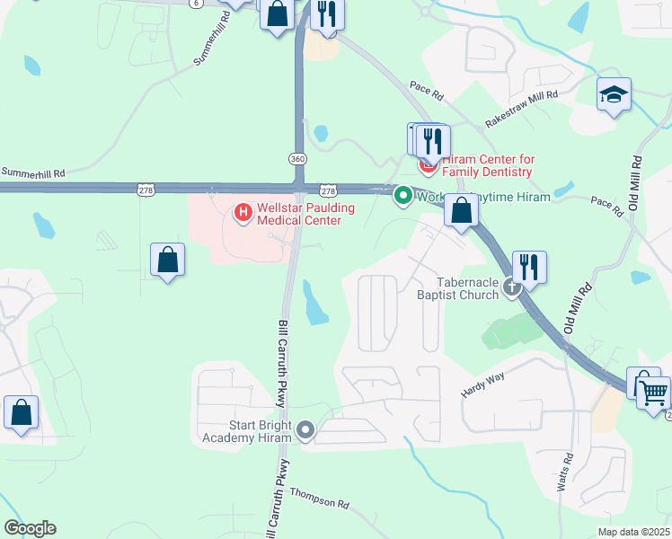 map of restaurants, bars, coffee shops, grocery stores, and more near 138 Hillcrest Circle in Hiram