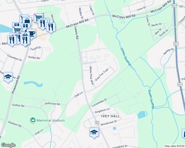 map of restaurants, bars, coffee shops, grocery stores, and more near 709 White Pine Way in Sumter