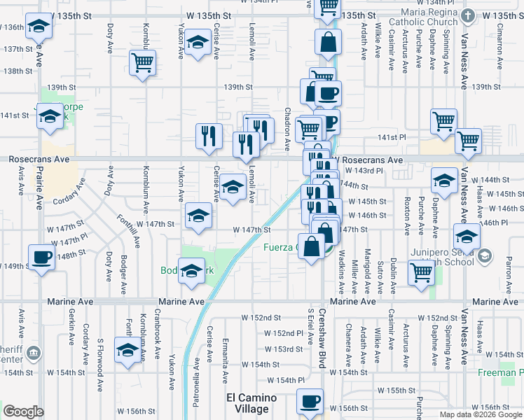 map of restaurants, bars, coffee shops, grocery stores, and more near 14456 Cottage Lane in Hawthorne