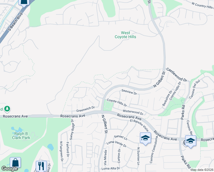 map of restaurants, bars, coffee shops, grocery stores, and more near 2351 Applewood Circle in Fullerton