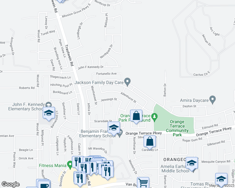 map of restaurants, bars, coffee shops, grocery stores, and more near 19555 Allenhurst Street in Riverside