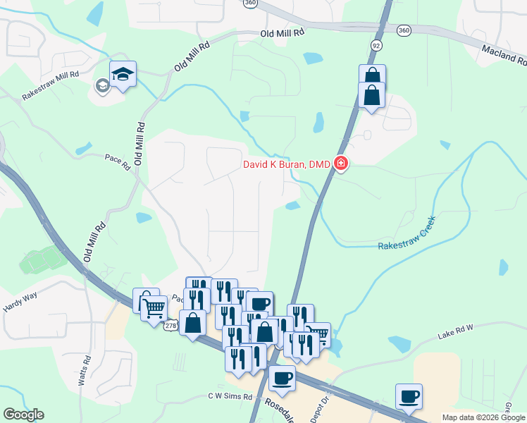 map of restaurants, bars, coffee shops, grocery stores, and more near 123 Russell Drive in Hiram