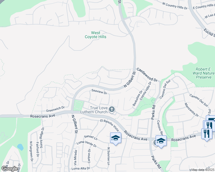 map of restaurants, bars, coffee shops, grocery stores, and more near 1930 Brooke Lane in Fullerton