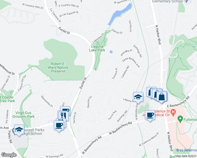 map of restaurants, bars, coffee shops, grocery stores, and more near 913 Paloma Place in Fullerton