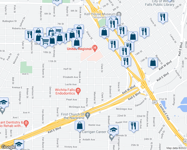 map of restaurants, bars, coffee shops, grocery stores, and more near 1642 Elizabeth Avenue in Wichita Falls