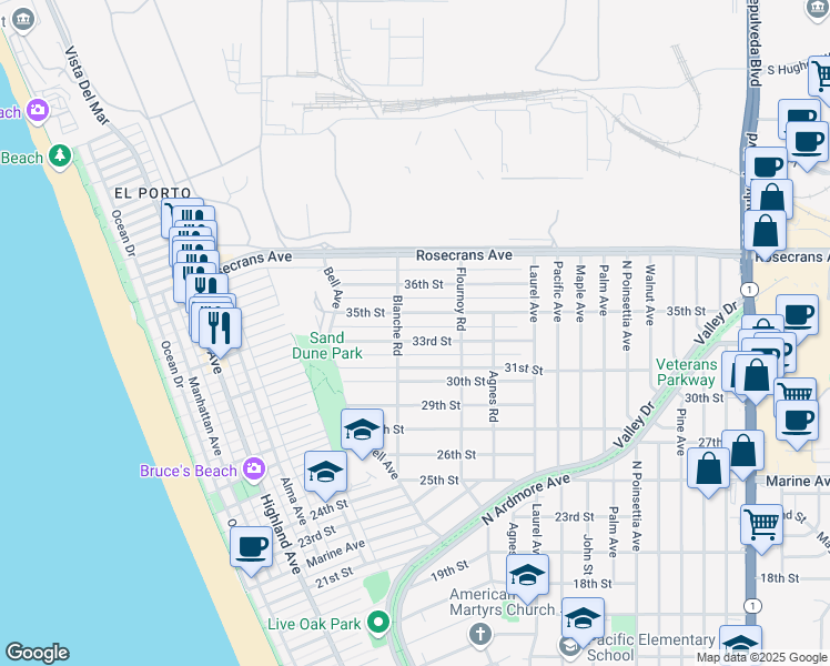 map of restaurants, bars, coffee shops, grocery stores, and more near 617 33rd Street in Manhattan Beach