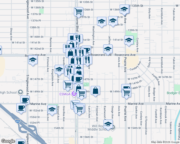 map of restaurants, bars, coffee shops, grocery stores, and more near 14500 Larch Avenue in Lawndale