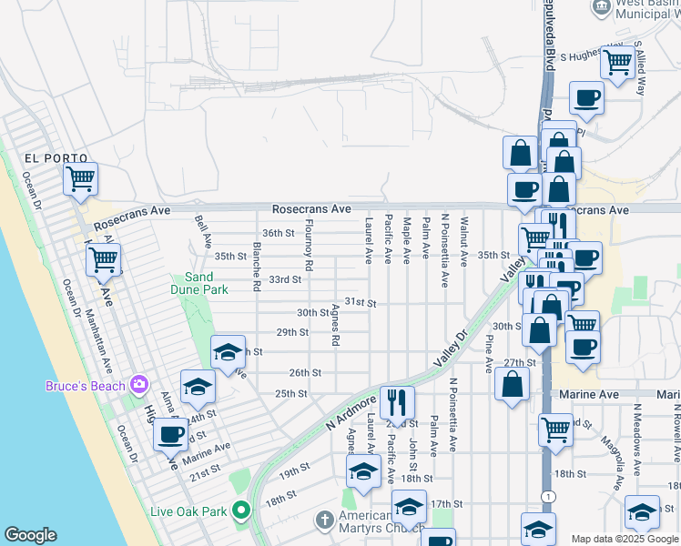 map of restaurants, bars, coffee shops, grocery stores, and more near 739 33rd Street in Manhattan Beach