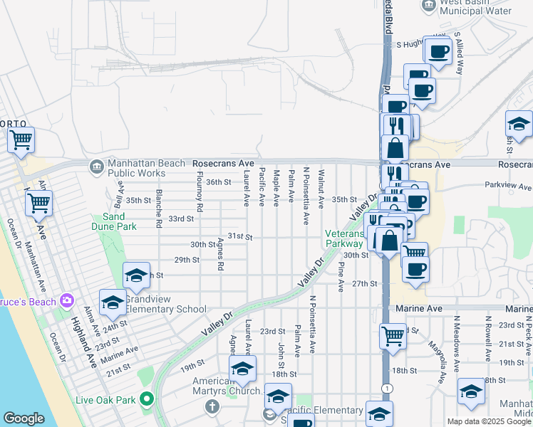 map of restaurants, bars, coffee shops, grocery stores, and more near 3308 Pacific Avenue in Manhattan Beach
