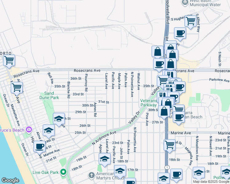 map of restaurants, bars, coffee shops, grocery stores, and more near 3308 Pacific Avenue in Manhattan Beach
