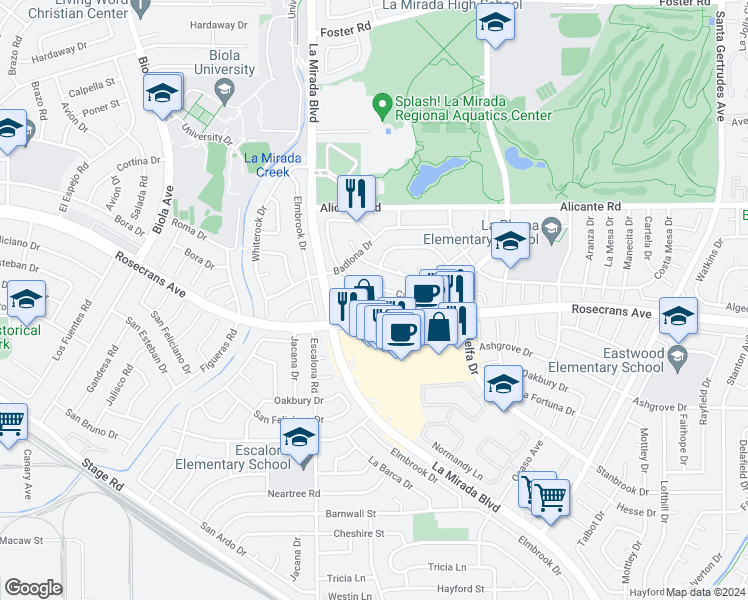 map of restaurants, bars, coffee shops, grocery stores, and more near 14613 Enselvado Avenue in La Mirada