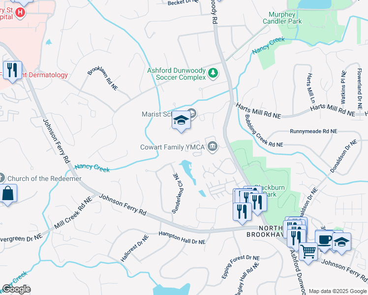map of restaurants, bars, coffee shops, grocery stores, and more near 3746 Ashford Dunwoody Road Northeast in Atlanta
