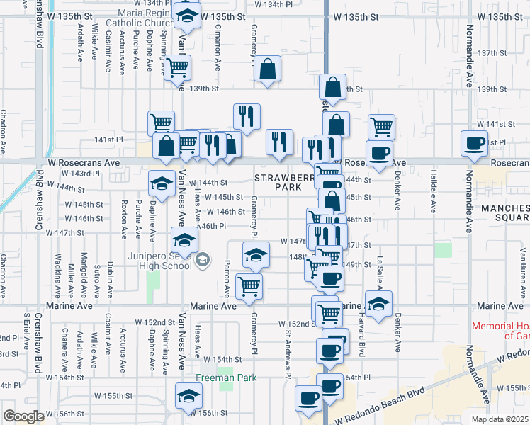 map of restaurants, bars, coffee shops, grocery stores, and more near 1929 West 146th Street in Gardena