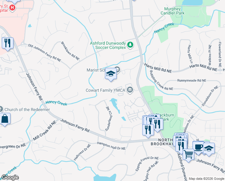 map of restaurants, bars, coffee shops, grocery stores, and more near 3746 Ashford Dunwoody Road in Atlanta